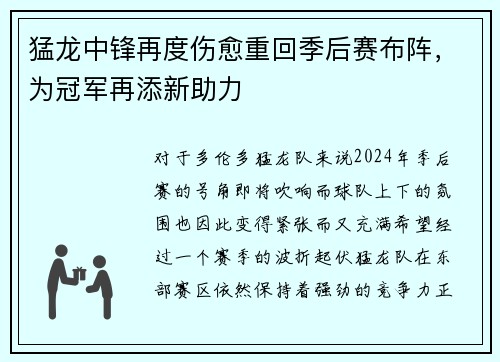 猛龙中锋再度伤愈重回季后赛布阵，为冠军再添新助力